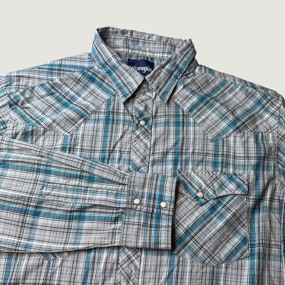 Wrangler Western Shirt Mens XL MVG221M Blue Grey Plaid Pearl Snap Button Down